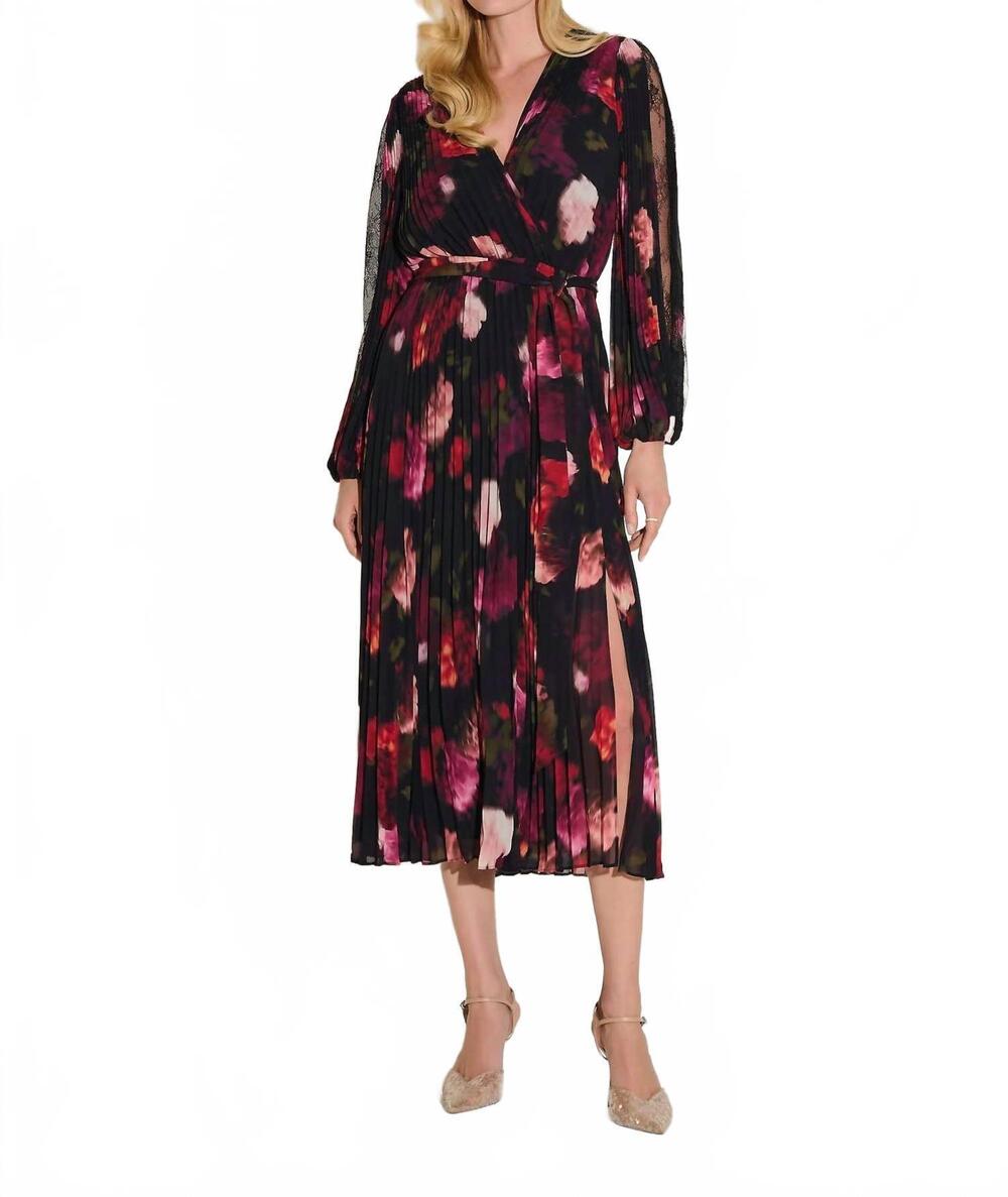 NEW JOSEPH RIBKOFF floral pleated chiffon midi wrap dress in black/multi